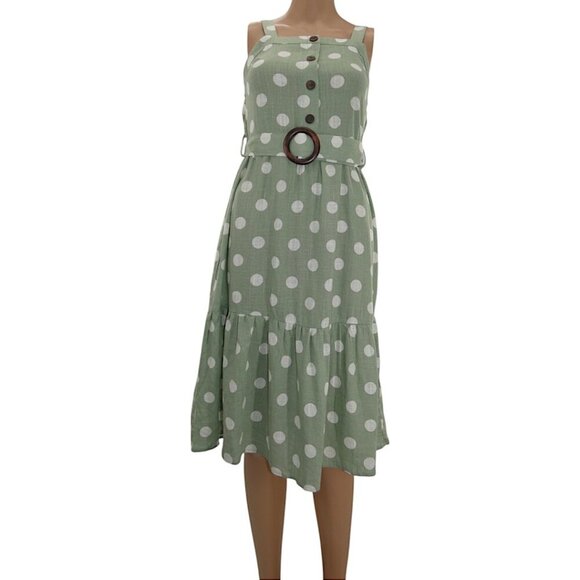 NWT Monteau Green Polka Dot Midi Linen Blend Belted Cottagecore Sz XS Dress - Picture 4 of 13